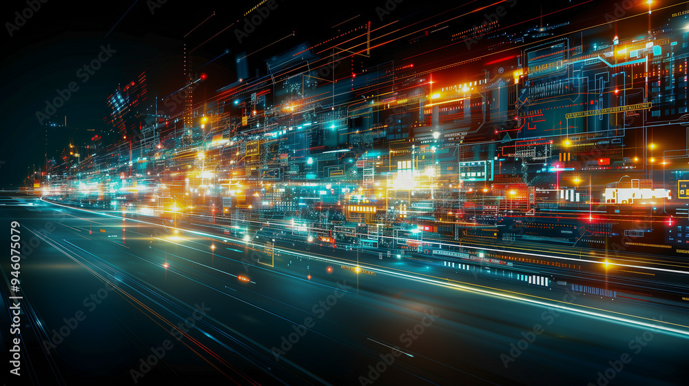 Aufkleber futuristic digital cityscape with neon lights and data streams..