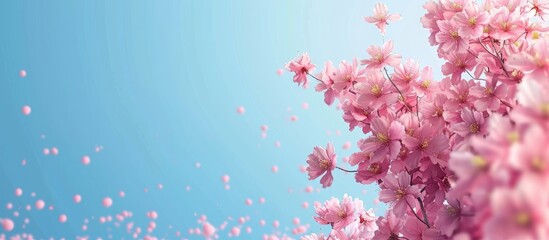 Obraz premium Sakura Pink Cherry Blossoms against a Clear Blue Sky Spring flowers. Copy space image. Place for adding text and design