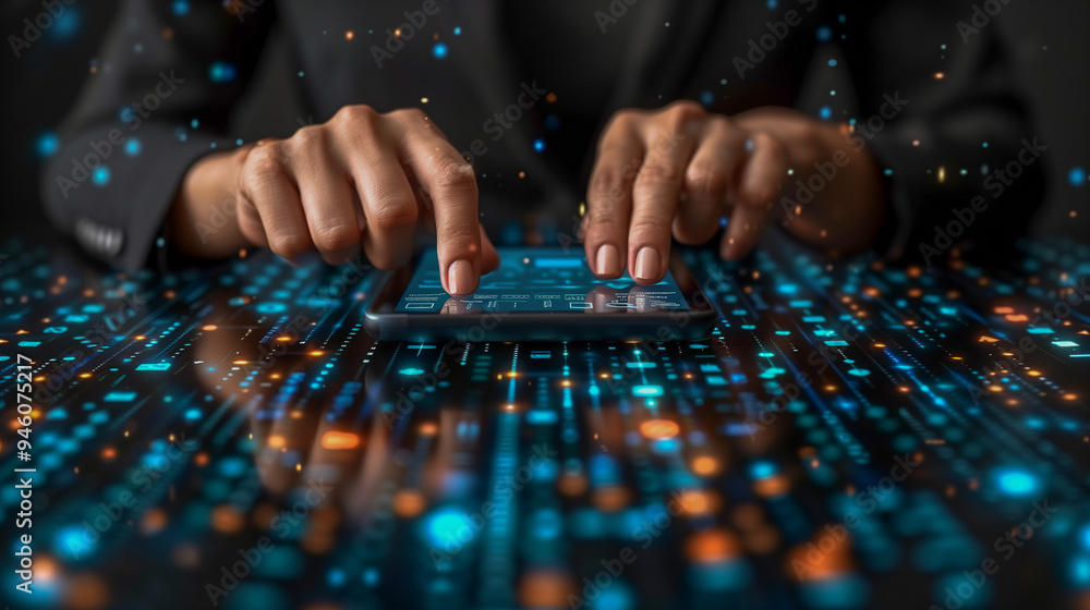 Poster hands typing on smartphone with digital data overlay