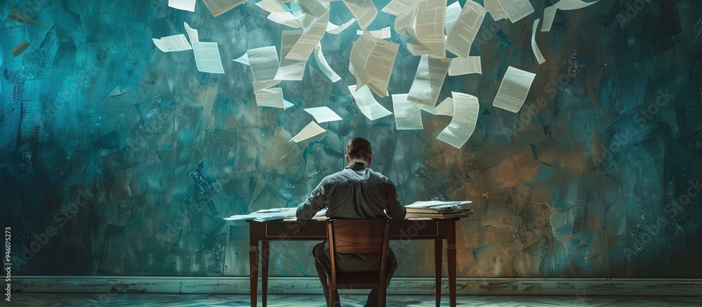 Poster a young desperate man is seated at his office desk with papers swirling around him this reflects the