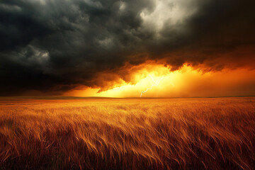 The image portrays a vast, golden field under a brewing storm. Dark, churning clouds dominate the sky, with a flash of lightning cutting through the gloom. The horizon glows with an intense, fiery