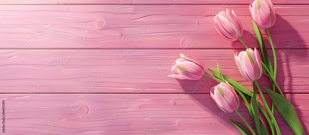 Aufkleber beautiful fresh tulips on a pink wooden surface space for text. copy space image. place for adding t