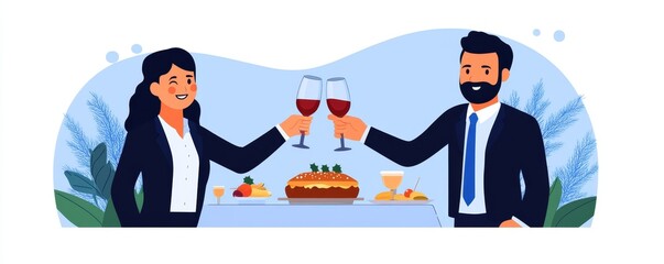 Illustration of a couple in formal attire clinking wine glasses over dinner, celebrating a special occasion in a fine dining setting.