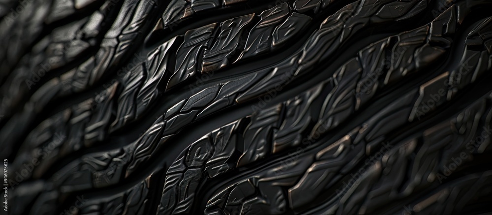 Poster close up of a beautiful summer tire tread against a black background detailed view of tire tread wit