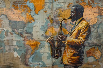 Saxophone Player on a World Map Background.