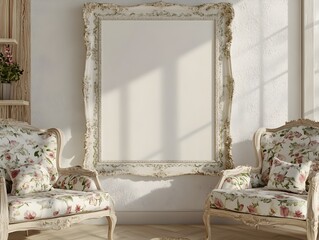 Cozy and Inviting Farmhouse Style Living Room Featuring a Decorative Ceramic Frame Mockup and Vintage Floral Armchairs Bathed in Soft Natural Light Showcasing a Warm and Rustic Pastoral Ambiance