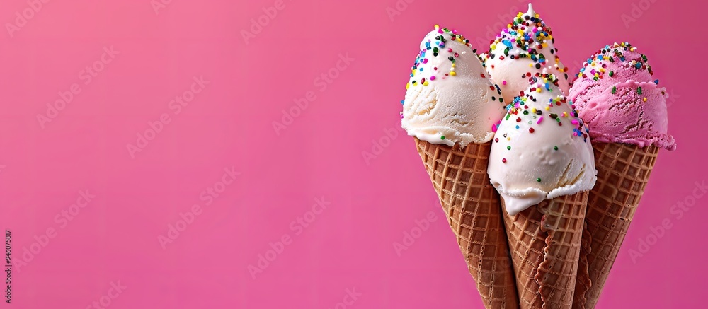 Poster chocolate strawberry and vanilla ice cream cones topped with sprinkles on a vibrant pink background.