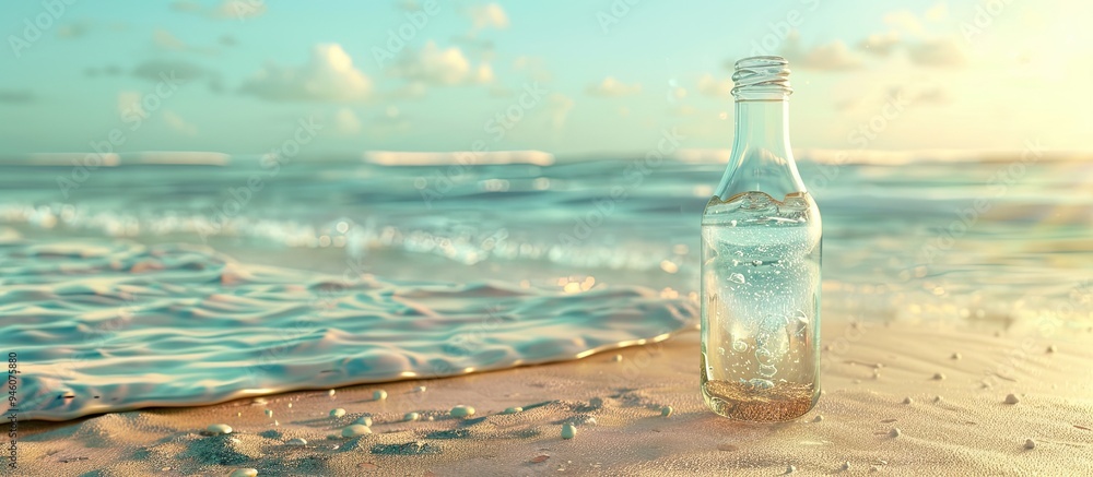 Poster glass bottle filled with water on wet sand by the sea space for text. copy space image. place for ad