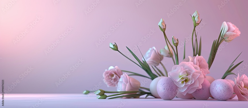 Poster eustoma blossoms alongside easter eggs. copy space image. place for adding text and design