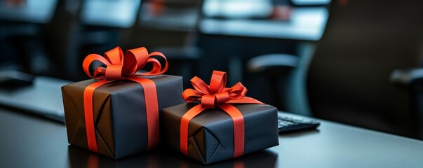 Two neatly wrapped gift boxes with red ribbons on a black office desk, ideal for corporate holiday gifts or special occasions.