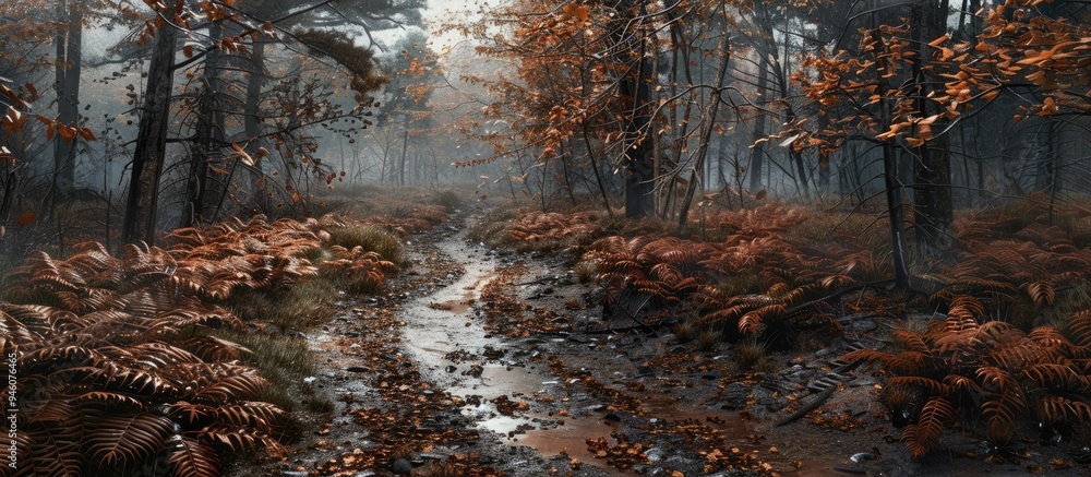 Poster a wide angle view of a trail through the lush rainy forest in autumn. copy space image. place for ad