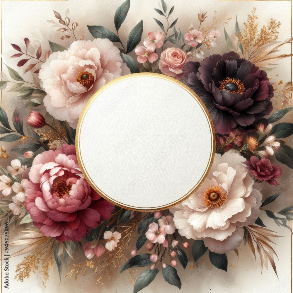 Poster delicate floral arrangement featuring various blooms in soft colors with a blank center for customiz