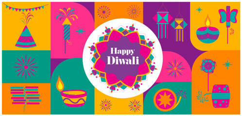 Diwali festival flat modern elements illustration and icon set for graphic and web design templates or deepavali firecrackers, diwali crackers flat vector, color full vector fireworks