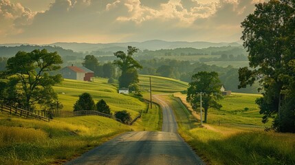 Quiet country road winding through expansive farmland