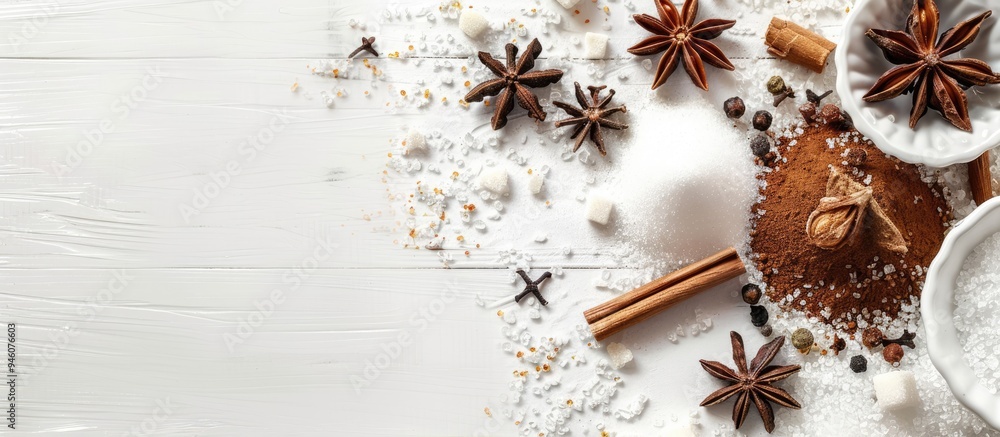 Poster dessert spices and sugar assortment on a white wooden table background. copy space image. place for 