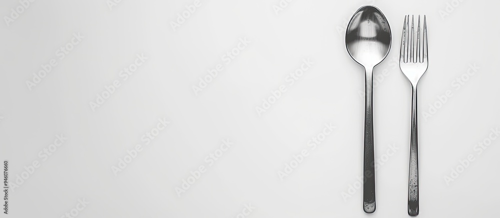 Poster basic image of a spoon and fork against a white background. copy space image. place for adding text 