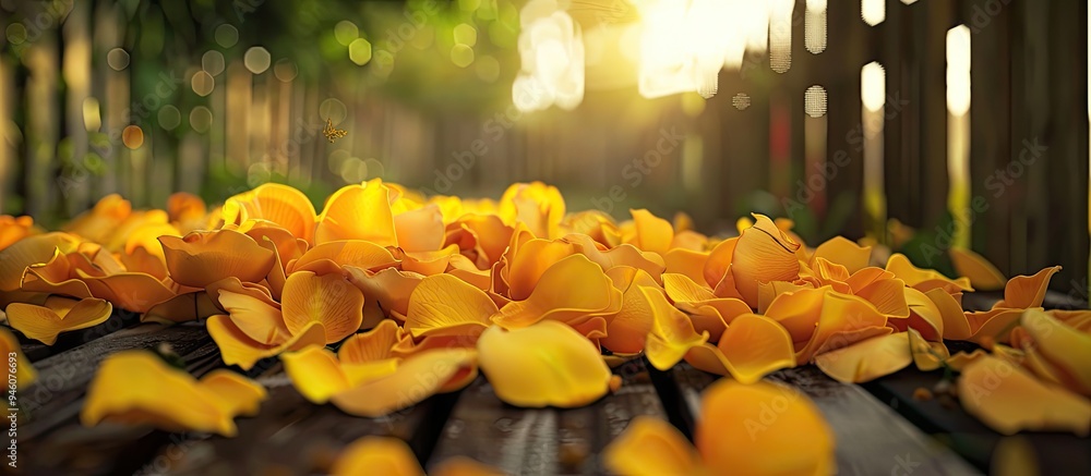 Poster yellow rose petals set against a garden fence background. copy space image. place for adding text an