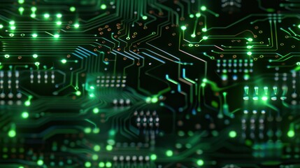 Close-up of a green circuit board with vibrant lights, illustrating modern technology, digital networks, and electronic components.