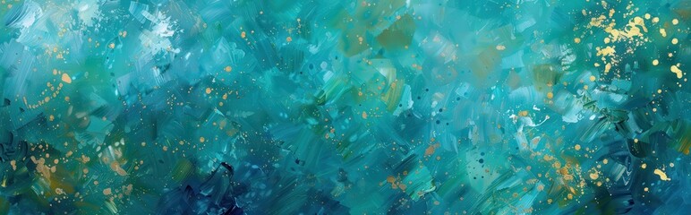 Abstract Teal and Gold Painting with Brushstrokes and Splashes