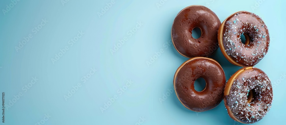 Poster chocolate donuts on a vibrant blue background top view. copy space image. place for adding text and 