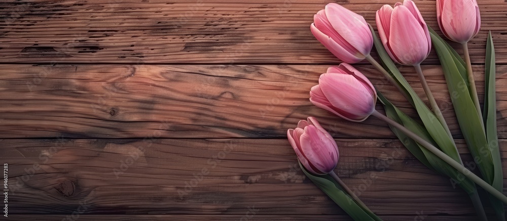 Poster lovely pink tulips on a wooden background. copy space image. place for adding text and design