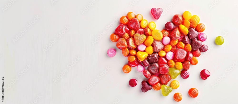 Poster heart shaped from sweet candies on a white background top view. copy space image. place for adding t