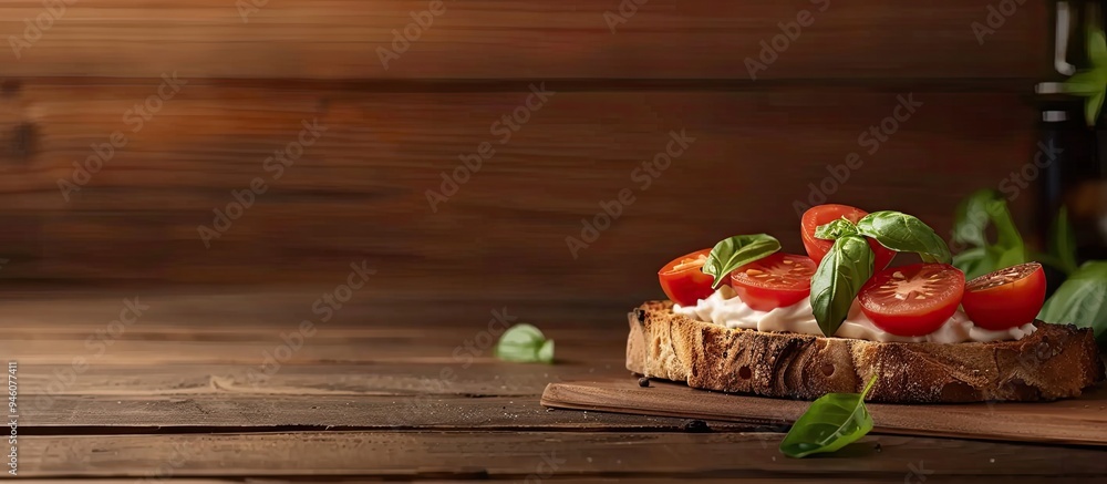 Poster bruschetta featuring cream cheese cherry tomatoes and basil on a wooden surface. copy space image. p