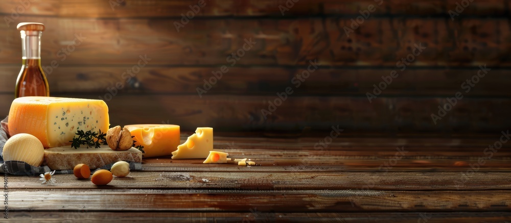 Poster various types of sarah on a wooden background selection of cheeses side view. copy space image. plac