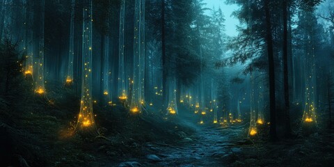 Fototapeta premium Enchanted forest path with glowing lights.
