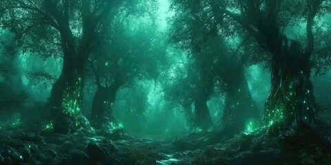 Fototapeta premium Glowing forest path with luminous trees.