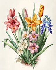 Obraz premium Engraved illustration of Victorian garden flowers showcasing vibrant blooms and lush greenery