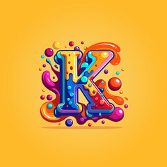 Colorful Liquid Painted K Letter with Bubbles Vector Illustration 3D Abstract Logo Element. Creative Modern Color Splash Alphabet Design Vector Template with Fluid Bubble And Swirling Spiral