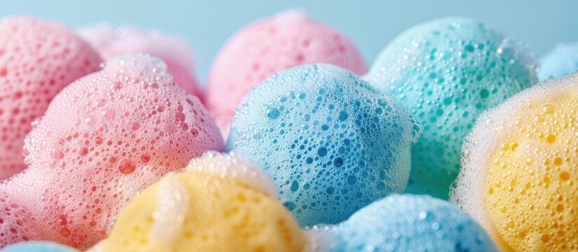 Soft multi colored bath puffs or sponges in the bathroom Copyspace Background texture