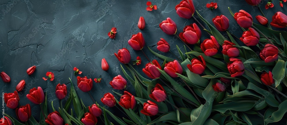 Poster view from above of red tulips with copy space