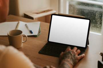 Man working on tablet screen mockup png digital device