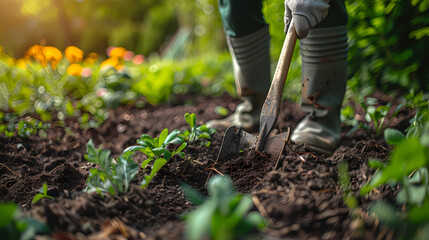 Fototapeta premium Gardener cutting spicy herbs with scissors growing at home vegetable garden, close-up view. Concept of home growing organic greens