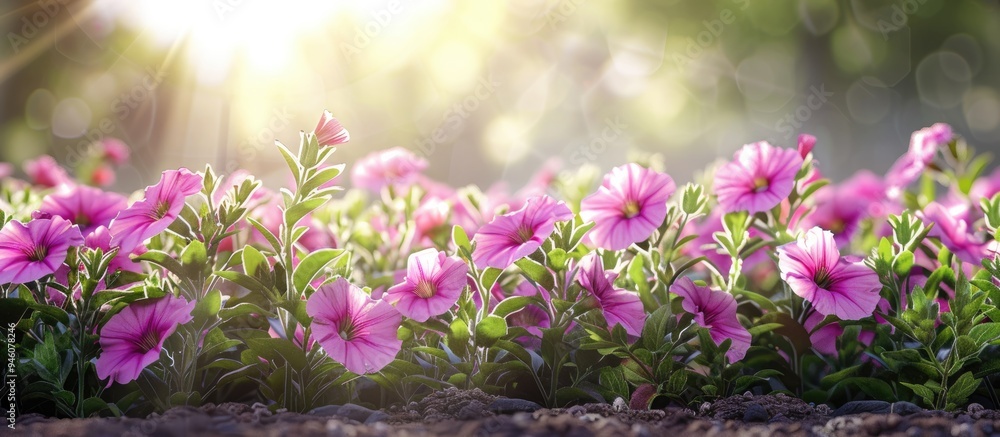 Poster petunia flowers in the flower bed enhancing the urban landscape background with selective focus. cop