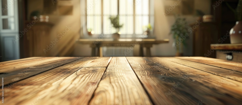 Aufkleber vacant wooden table in the background of a blurred room interior. copy space image. place for adding