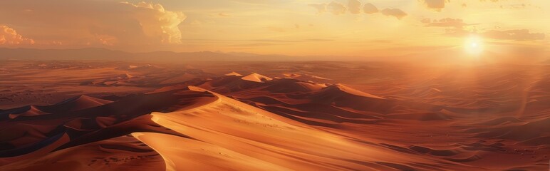 Naklejka premium Golden Sunset Over a Desert Landscape with Rolling Sand Dunes