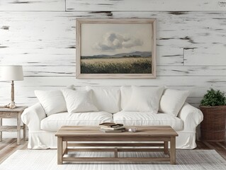 Cozy and inviting farmhouse style living room featuring whitewashed wood walls a linen sofa vintage wooden coffee table and a simple wooden frame mockup with an impressionist painting
