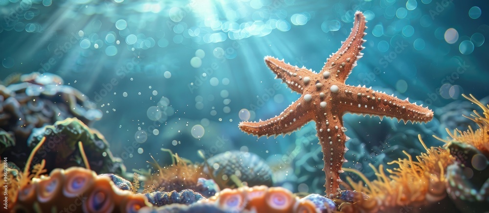 Poster large starfish set against a sea backdrop attractive ocean design. copy space image. place for addin