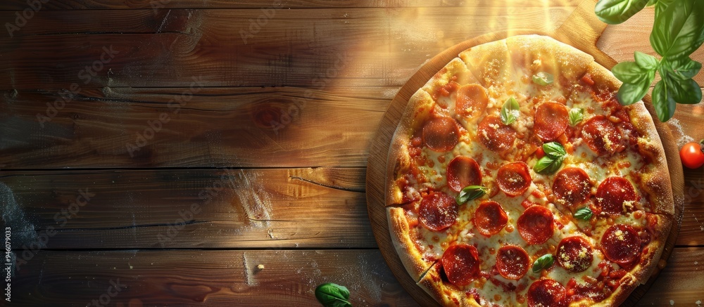 Poster a tasty pizza featuring a selection of toppings is beautifully arranged on a rustic wooden cutting b