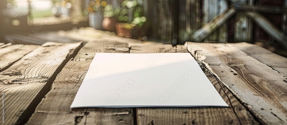 Poster empty paper on wooden table. copy space image. place for adding text and design