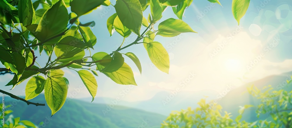 Aufkleber backlit green leaves set against a blue sky and mountain backdrop with sunbeams in the early morning