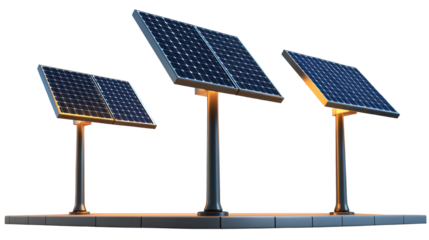 A 3D collection of solar street lamps, featuring two solar panels per lamp, shown with realistic details, on a transparent background PNG.