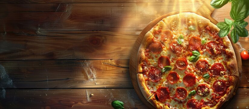 A tasty pizza featuring a selection of toppings is beautifully arranged on a rustic wooden cutting board. Copy space image. Place for adding text and design