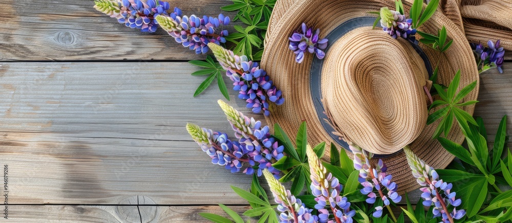 Aufkleber lupine flowers and summer accessories arranged on a wooden surface. copy space image. place for addi