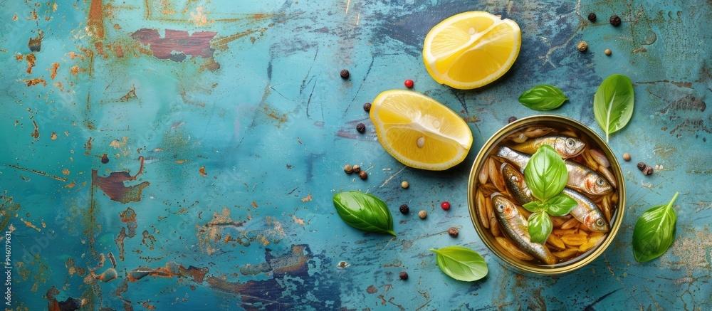 Poster a top view of a can of sardines in oil accompanied by basil leaves and a slice of lemon on a rustic 