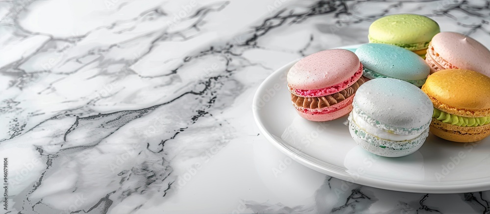 Poster choux cream chu cream and colorful macarons on a white plate set against a marble table background w