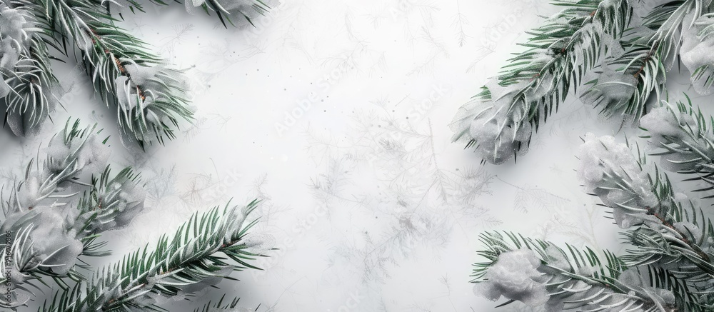 Poster white pine branches at each corner against a white background with gray patterns. copy space image. 